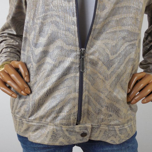 CHICO'S Top L Sz 2 Tan Animal Print Moto Jacket Zip Up Front Soft Distressed - Picture 7 of 11